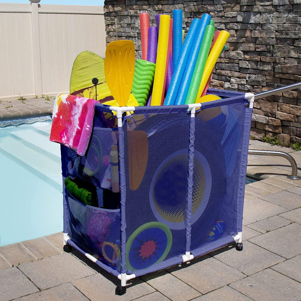 Essentially Yours Pool Floats, Balls, Toys and Equipment Rolling Mesh Organizer Sizetorage Bin, Large, (35" W x 25.4" L x 37.5" H), Blue / Ivory Sizetyle 455102