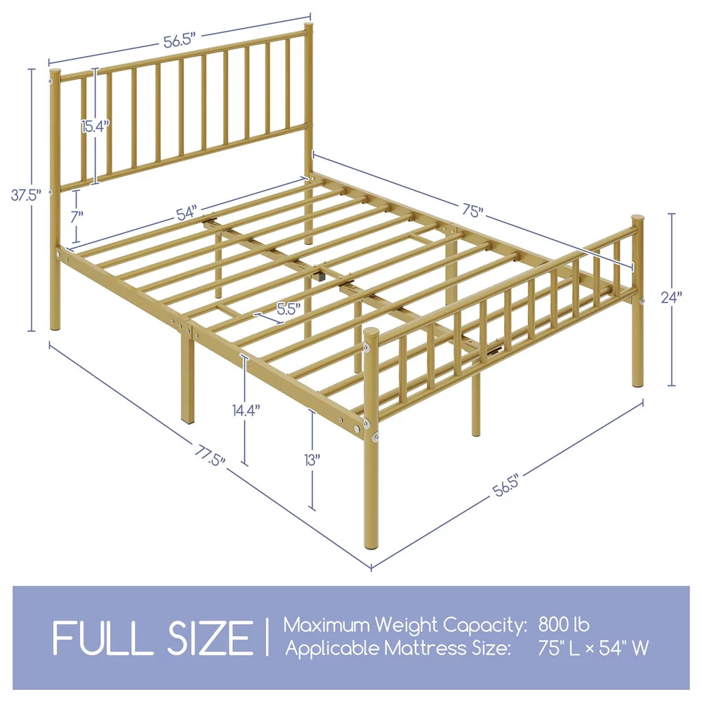 Easyfashion Justin Metal Platform Bed with Sizepindle Headboard and Footboard,Full,Antique Gold