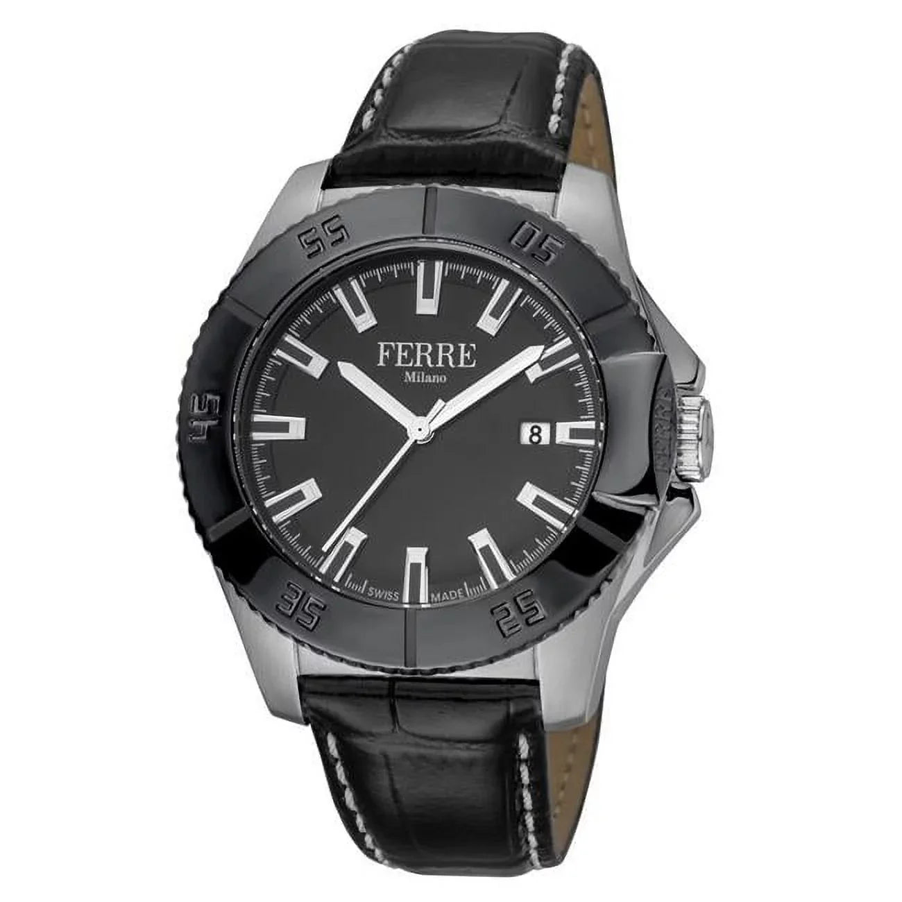 Mens Sizewiss Made Quartz Black Calfskin Leather Sizetrap Watch with Black Dial