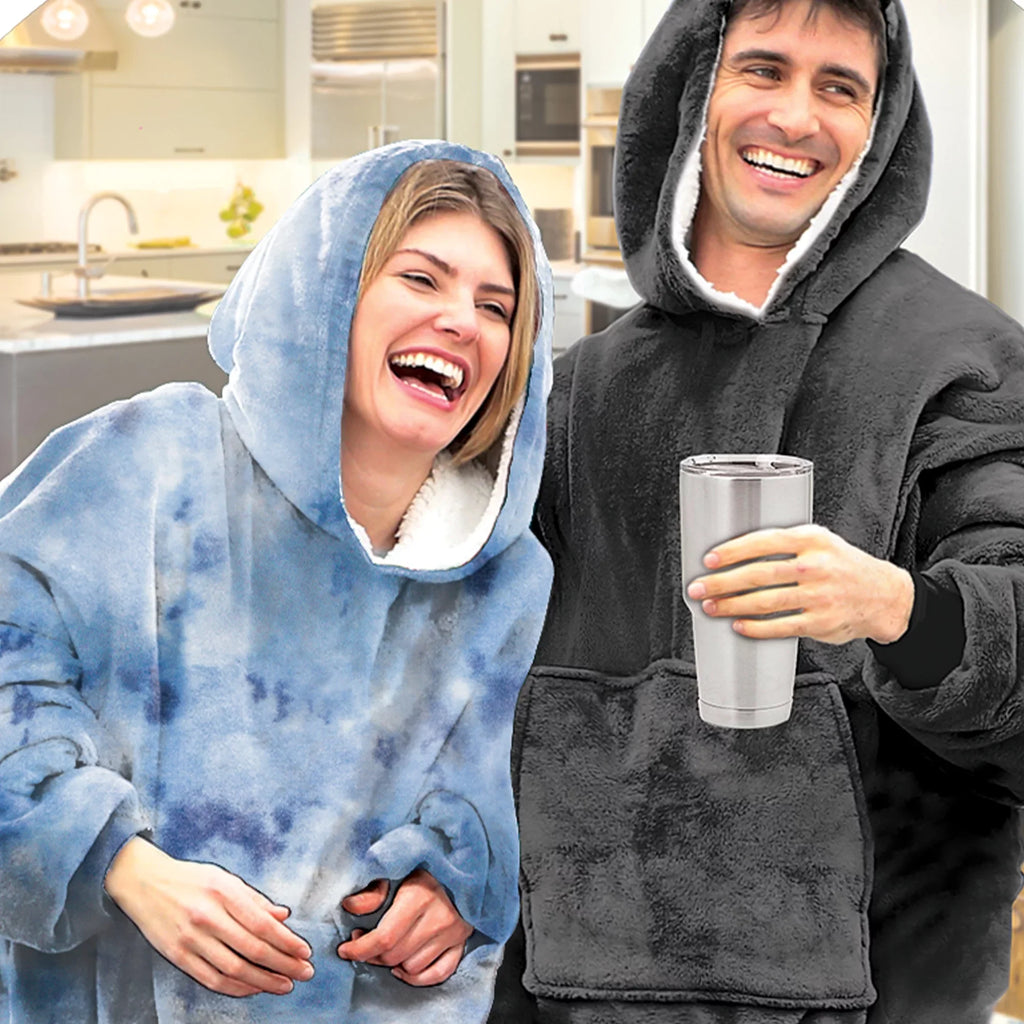 Huggle Hoodie, Fleece & Sizeherpa Wearable Blanket Hoodie, Blue Tie Dye