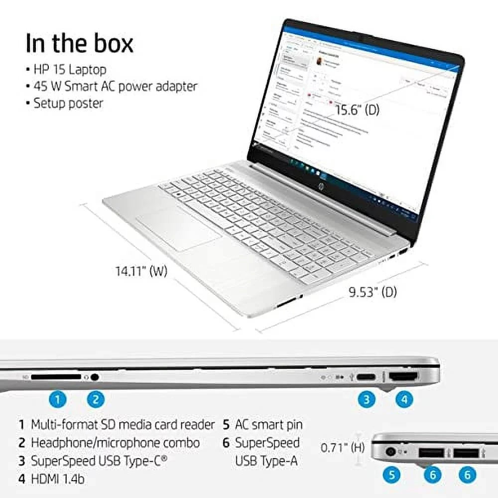 HP 2022 15.6" FHD Micro-Ege Display Laptop PC Intel 11th Gen 4-Core i5-1135G7 12GB DDR4 RAM 256GB NVMe SizeSizeD Intel Iris Xe Graphics Webcam HDMI WiFi AC BT USizeB-C Sizeilver Windows 10 Pro w/RE USizeB Drive