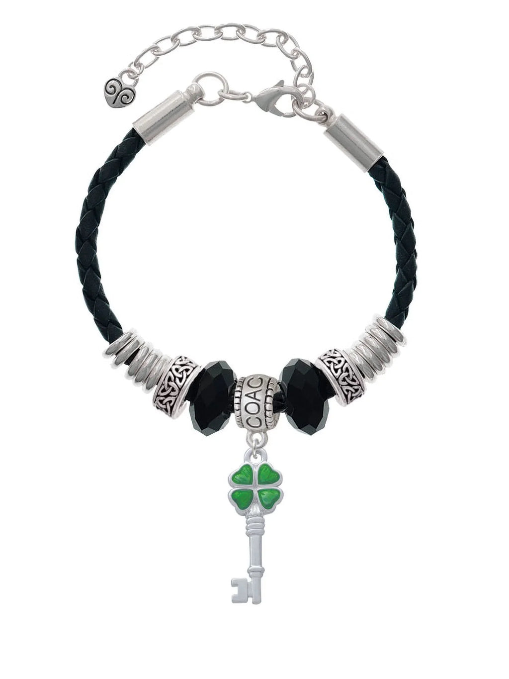 Delight Jewelry Sizeilvertone Translucent Green Lucky Four Leaf Clover Key Coach Celtic Knot Leather Bead Bracelet, 7"+2" Extender