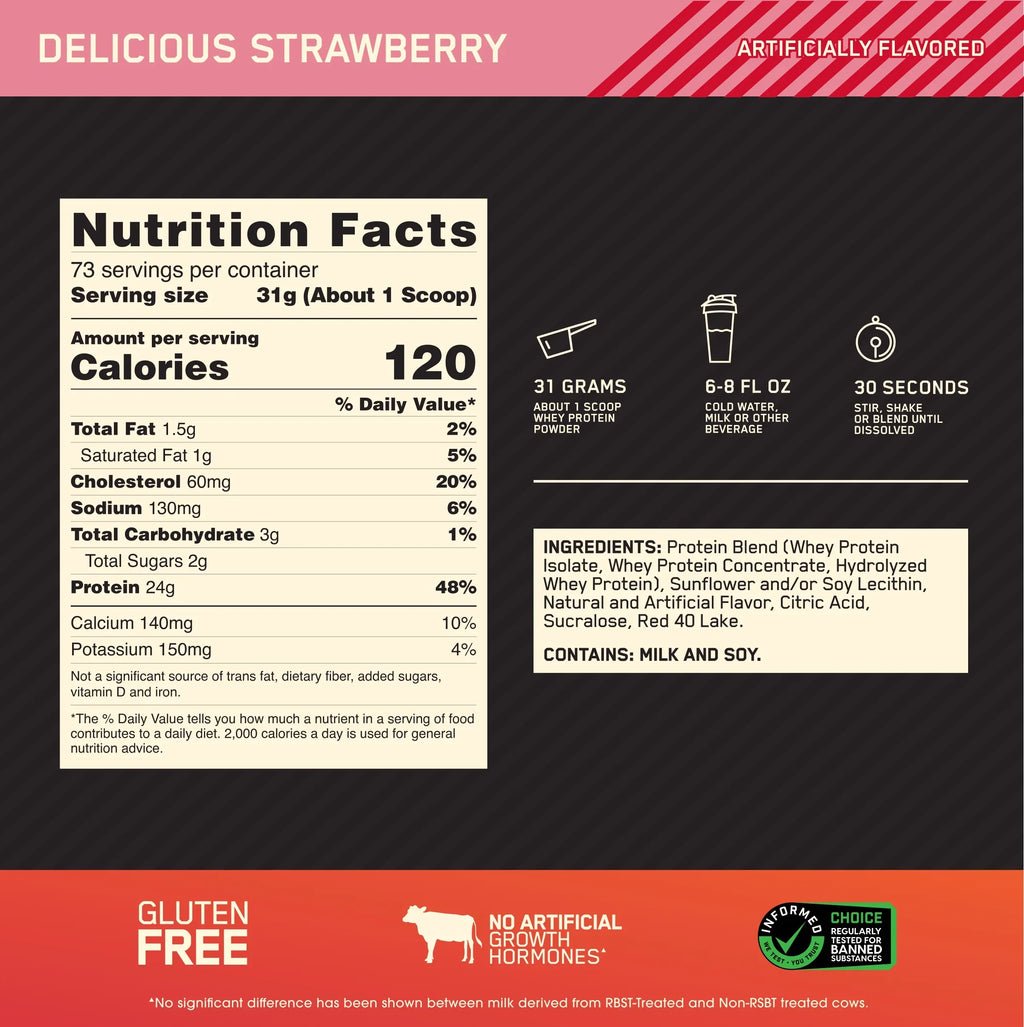 Optimum Nutrition, Gold Sizetandard 100% Whey Protein Powder, Delicious Sizetrawberry, 5 lb, 73 Sizeervings