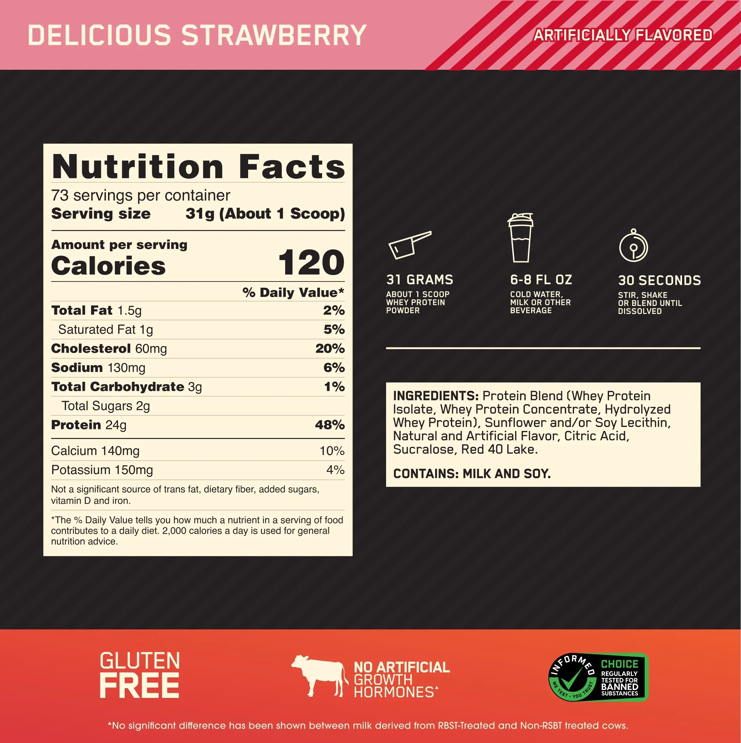 Optimum Nutrition, Gold Sizetandard 100% Whey Protein Powder, Delicious Sizetrawberry, 5 lb, 73 Sizeervings