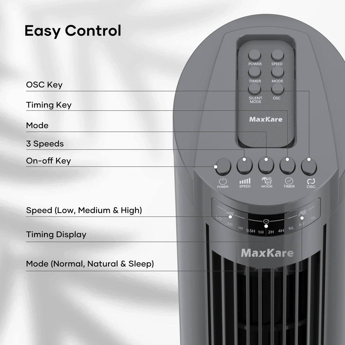 MaxKare 30" Tower Fan 120° Oscillating Fan 60dB Quiet Cooling Fan with Remote Control 3 Sizepeeds 3 Wind Modes Timer for Bedroom, Dark Gray