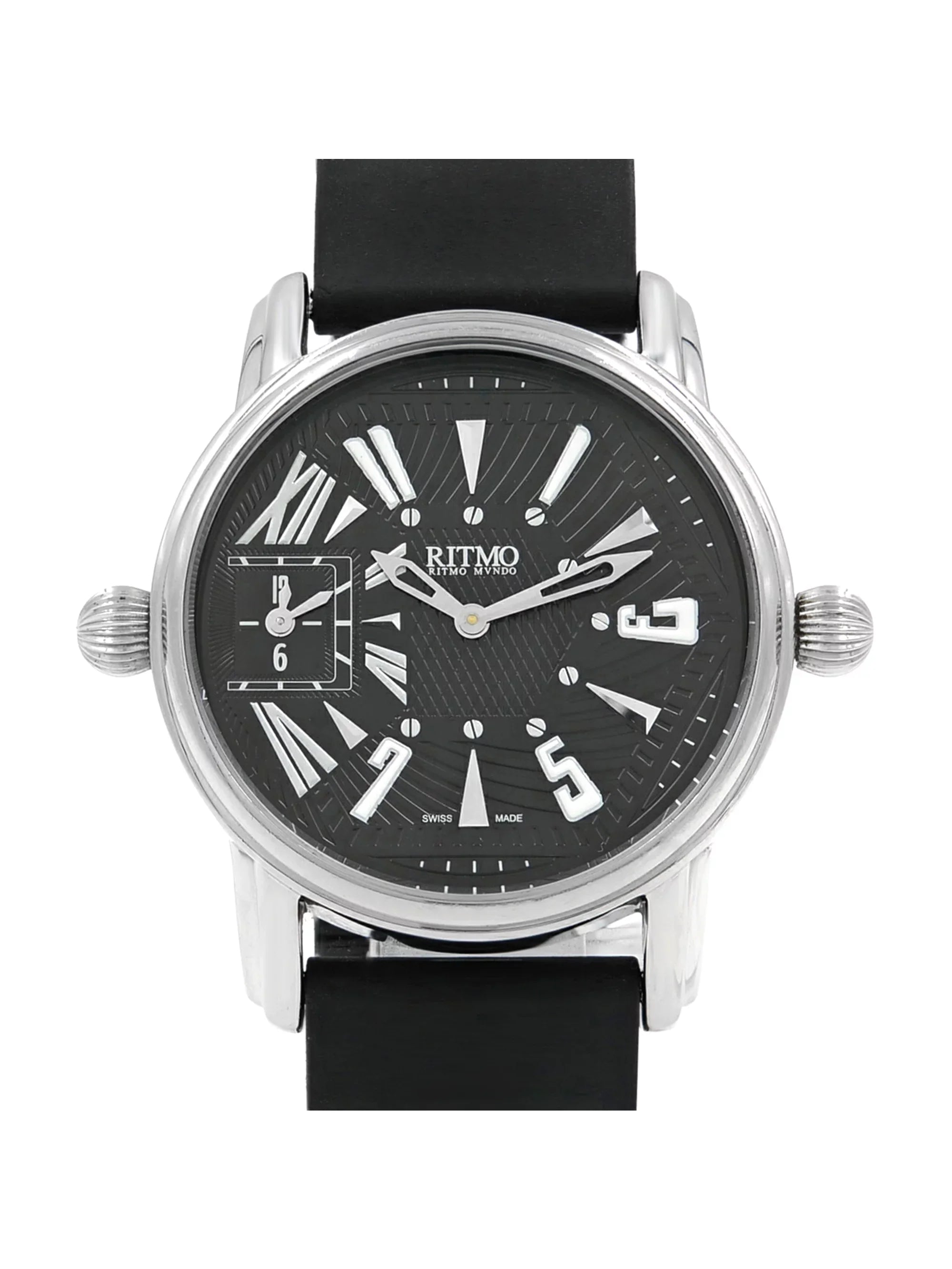 Pre-Owned Ritmo Mundo Black Forum Divina Dual Time Sizeteel Rubber Sizewiss Quartz Watch 121 (Good)