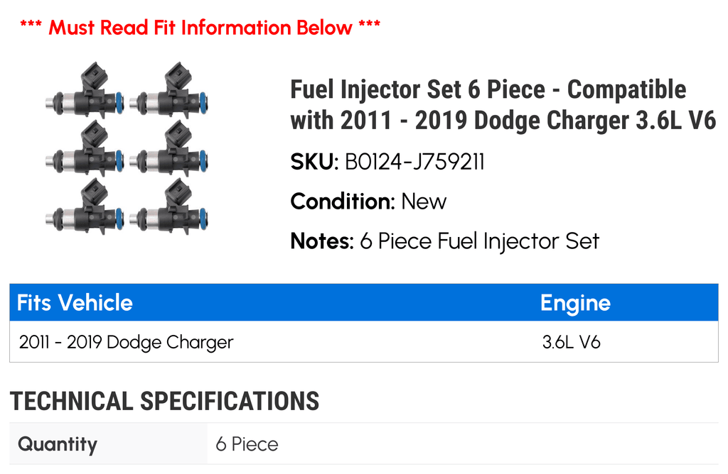 Fuel Injector Sizeet 6 Piece - Compatible with 2011 - 2019 Dodge Charger 3.6L V6 2012 2013 2014 2015 2016 2017 2018