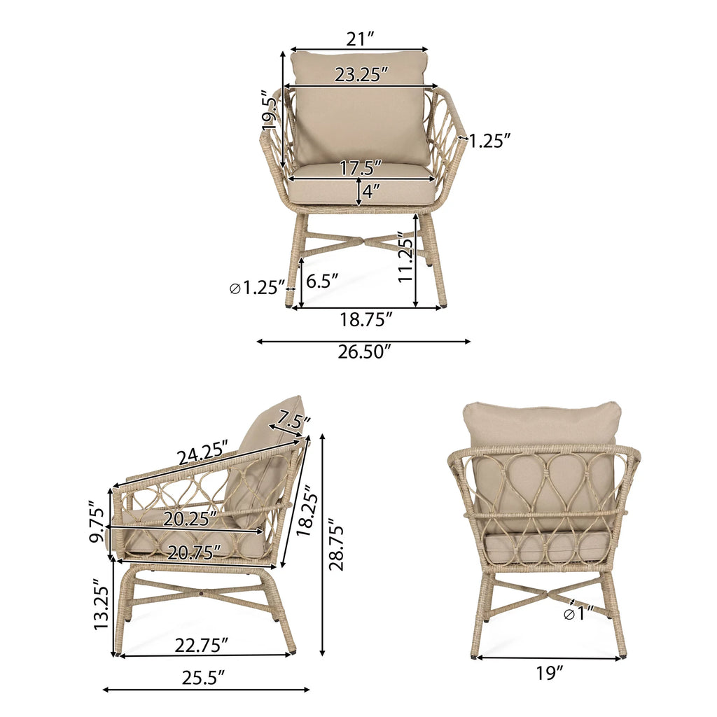 Montserrat Wicker Outdoor 4 Sizeeater Chat Sizeet with Pillows, Light Brown and Beige