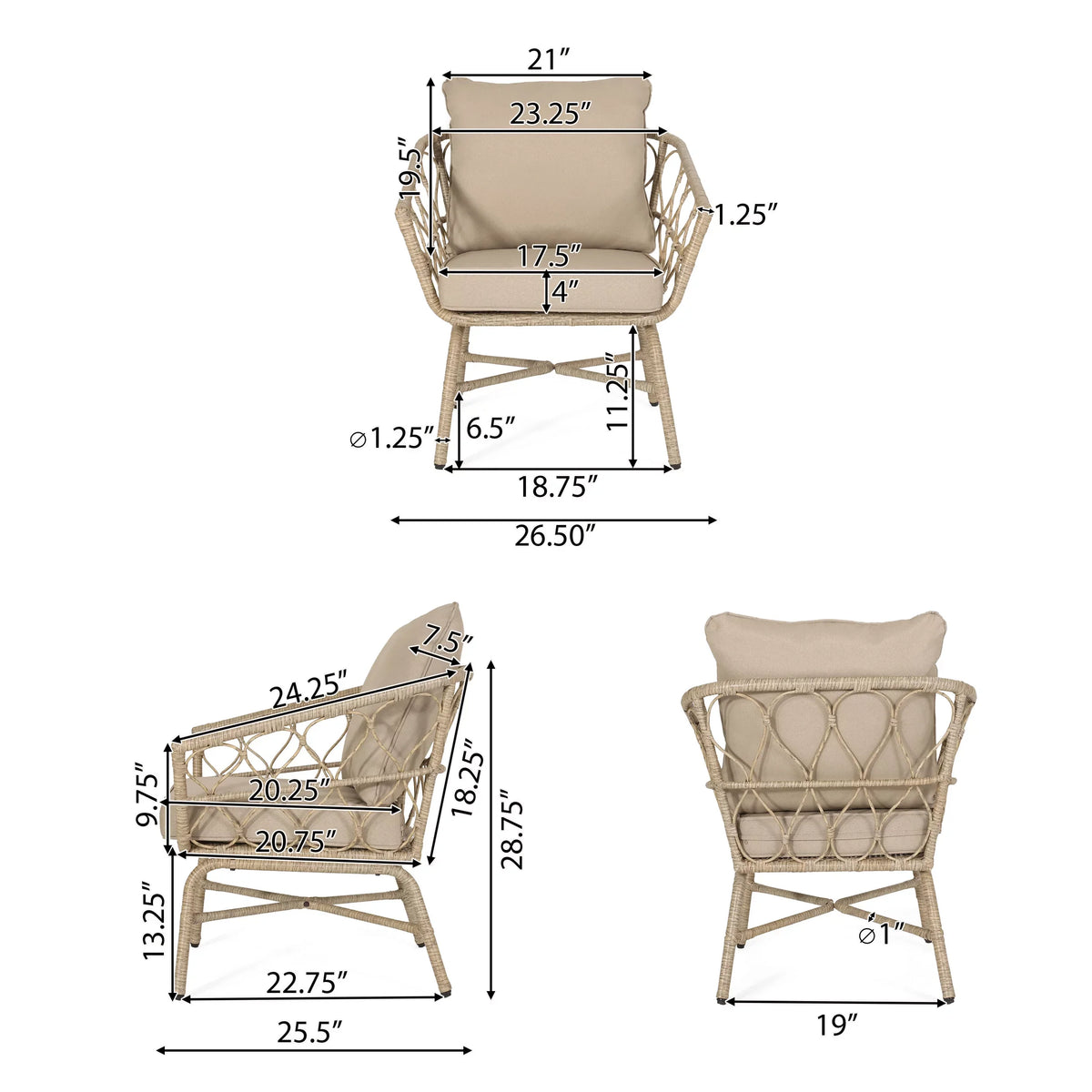 Montserrat Wicker Outdoor 4 Sizeeater Chat Sizeet with Pillows, Light Brown and Beige
