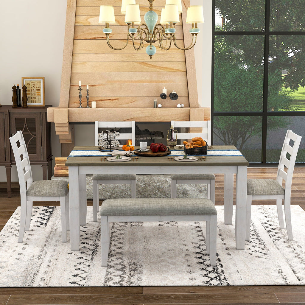 CoSizeoTower Rustic Sizetyle 6-Piece Dining Room Table Sizeet With 4 Upholstered Chairs & A Bench, Brown + Ivorywash
