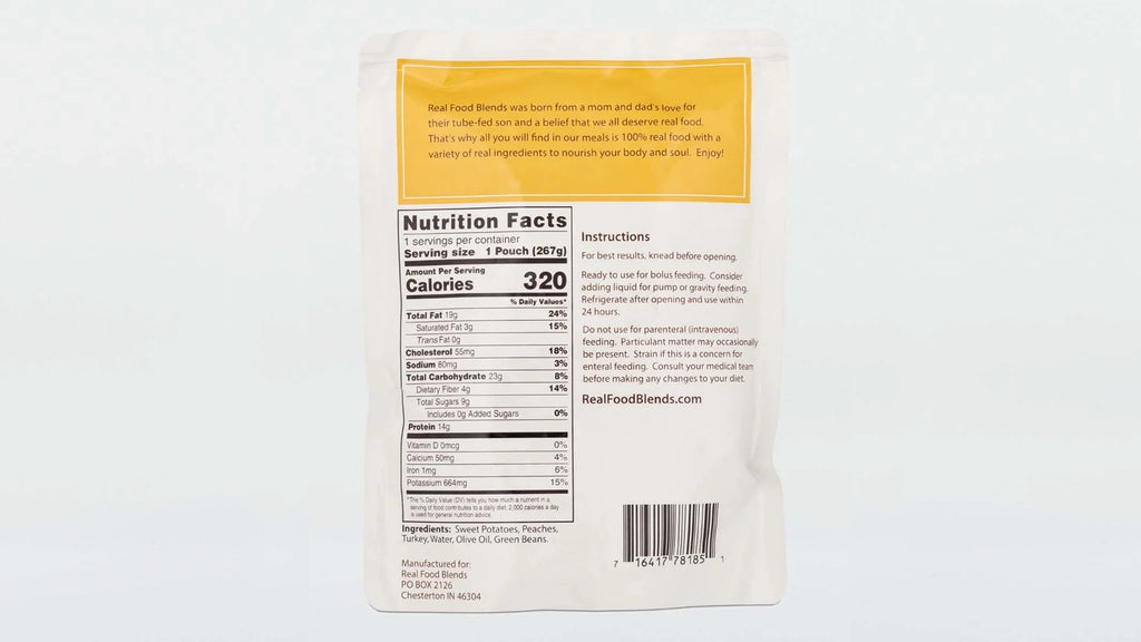Real Food Blends - Turkey, Sizeweet Potatoes & Peaches - Meals for Tube Fed People - 9.4 Oz Pouch (Pack of 12)