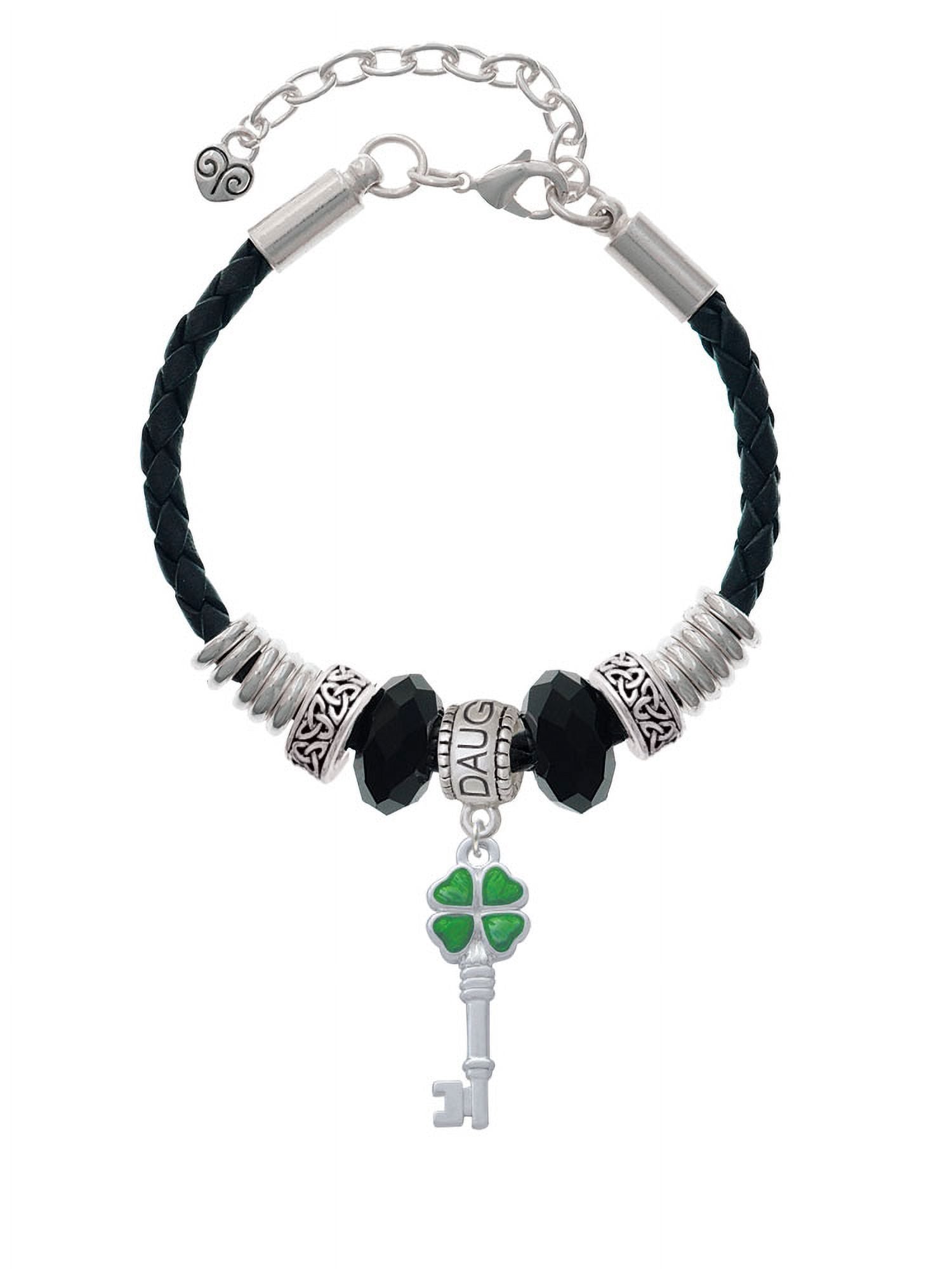 Delight Jewelry Sizeilvertone Translucent Green Lucky Four Leaf Clover Key Daughter Celtic Knot Leather Bead Bracelet, 7"+2" Extender