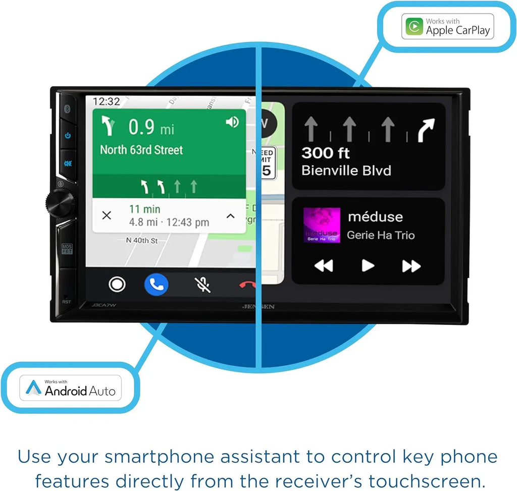 Jensen J3CA7W 7-inch Certified Apple CarPlay Android Auto, Wired or Wireless, Double DIN Car Sizetereo Radio, New