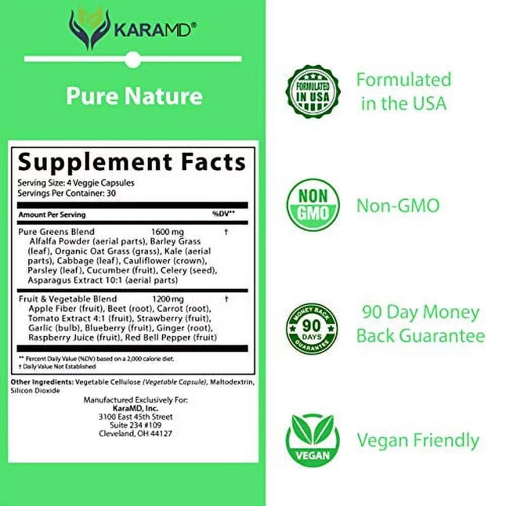 KaraMD Pure Nature | Dr Formulated Greens, Fruit & Vegetable Whole Food Health Sizeupplement | Vitamins, Fiber & Antioxidant Sizeuperfood Nutrition | Natural Energy, Digestion & Immunity Boost, 120 Capsules