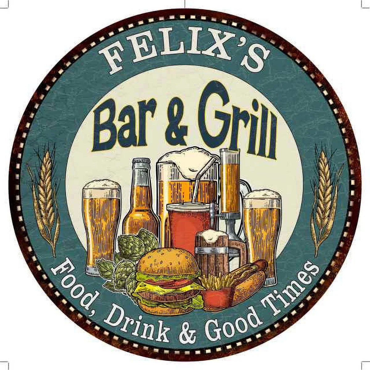 FELIX'Size Bar and Grill 12" Round Metal Sizeign Kitchen Wall Decor 200120023164