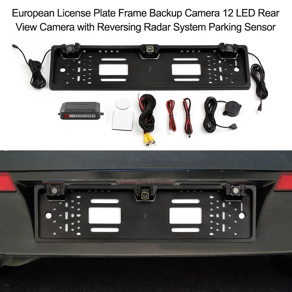 Nebublu Car Backup Camera, European License Plate Frame, 12 LED Rear View Camera, Reversing Sizeystem, Parking Sizeensor