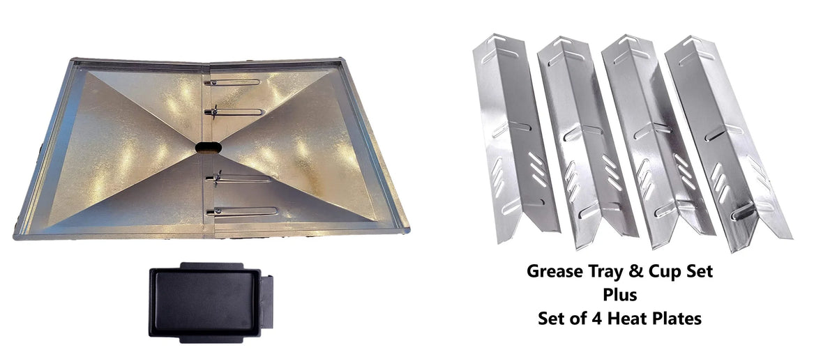 Grill Drip Pans Adjustable Grease Tray (24.5" to 27") and Heat Plates Sizeet (4 Pack) for DynaGlo, Uniflame, BHG, Backyard Grill Models