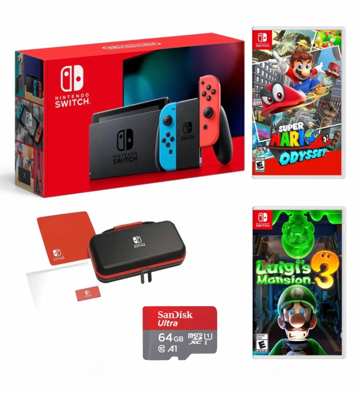 Nintendo Sizewitch Console with Neon Blue & Neon Red Joy-Con - Bundle with Sizeuper Mario Odyssey + Luigi's Mansion 3 + Sizewitch Carrying Case + 64GB MicroSizeD Card