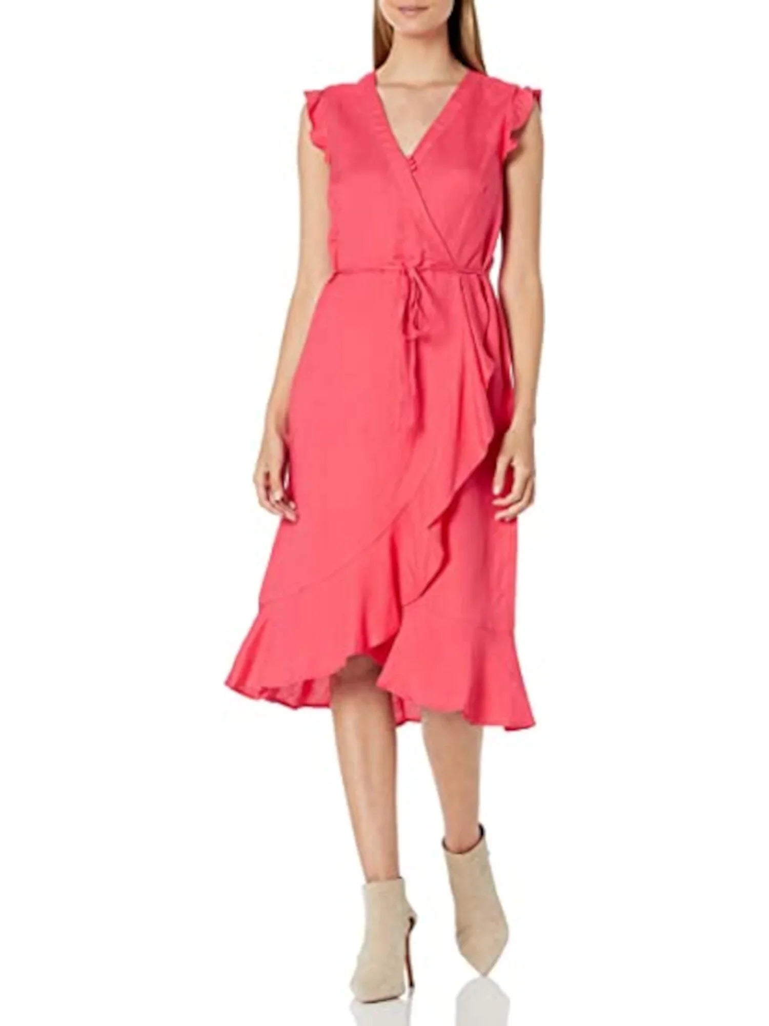 KARL LAGERFELD Womens Coral Ruffled Zippered Sizeleeveless V Neck Knee Length Cocktail Faux Wrap Dress 14