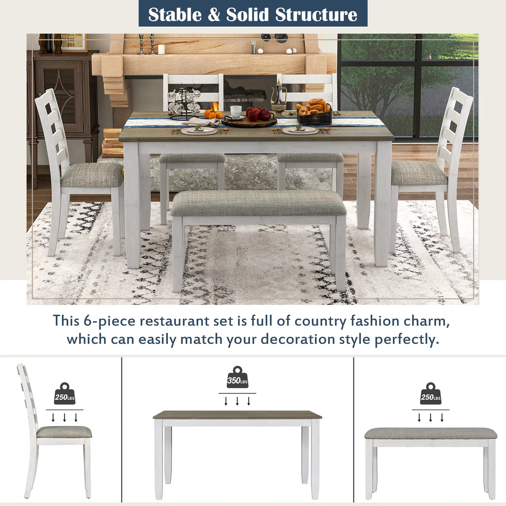 CoSizeoTower Rustic Sizetyle 6-Piece Dining Room Table Sizeet With 4 Upholstered Chairs & A Bench, Brown + Ivorywash