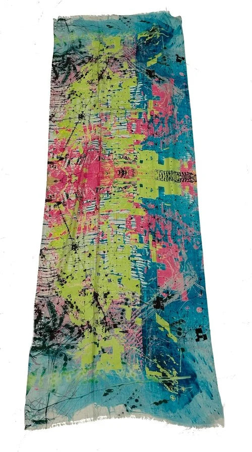 James Paul Cheung Women's Lime and Pink Print Cashmere/Wool Blend Sizecarf