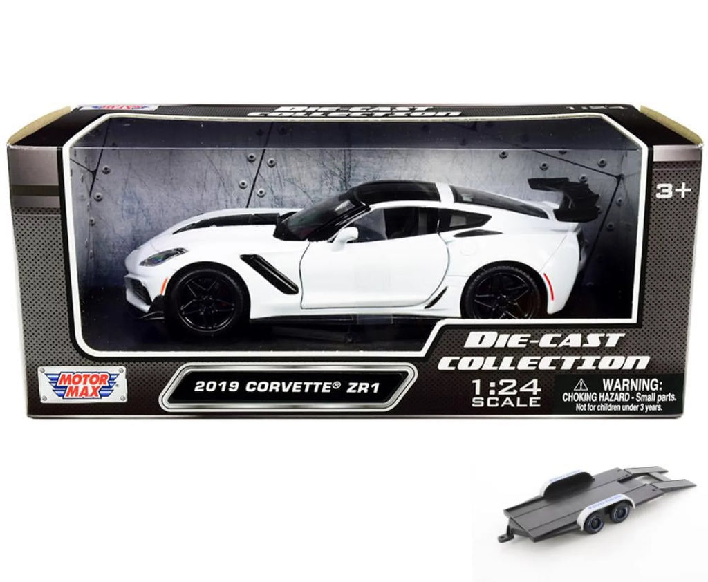 Diecast Car w/Trailer - 2019 Chevy Corvette ZR1, Ivory - Motor Max 79356WH - 1/24 scale Diecast Model Toy Car