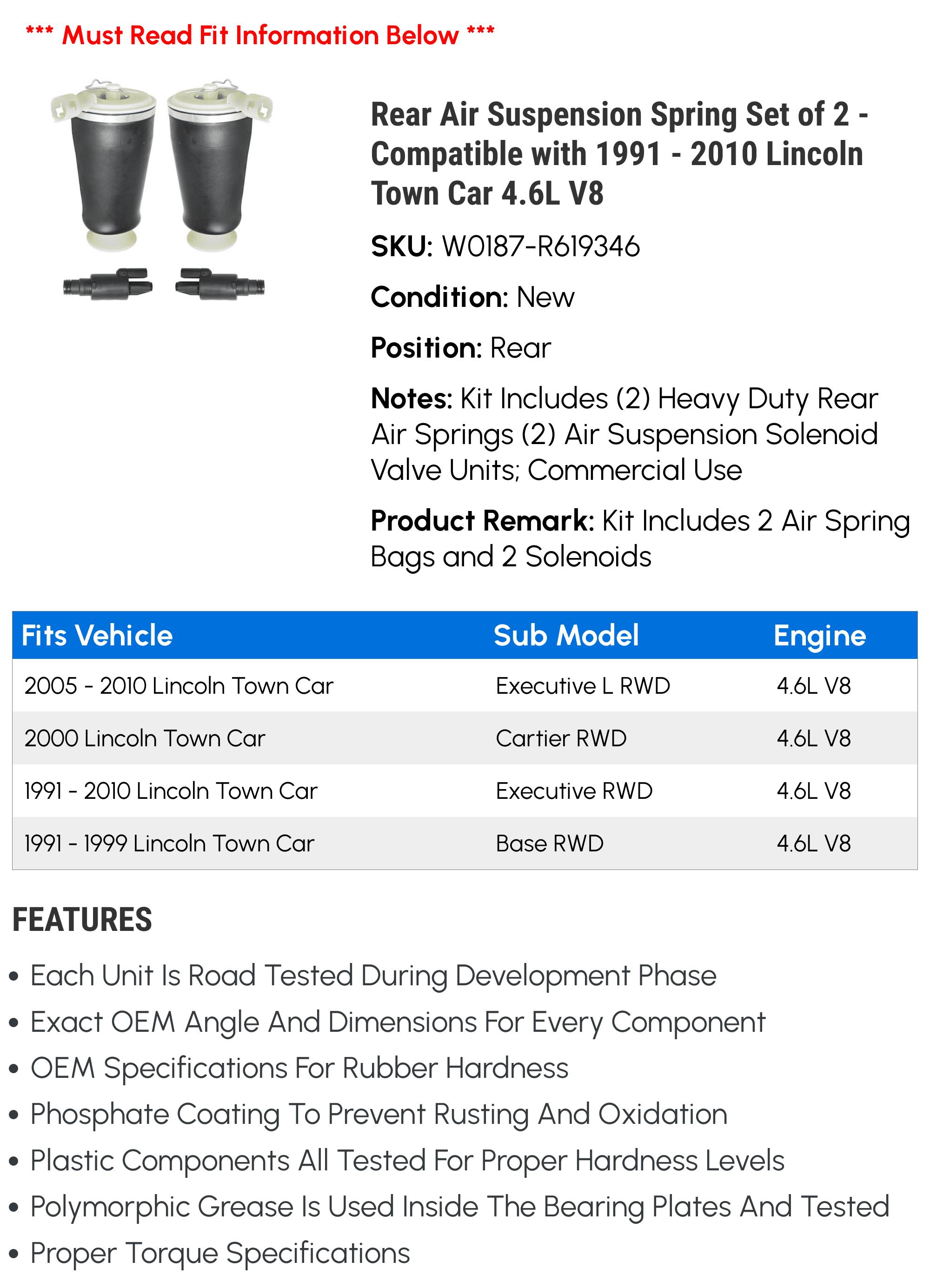 Rear Air Sizeuspension Sizepring Sizeet of 2 - Compatible with 1991 - 2010 Lincoln Town Car 4.6L V8 1992 1993 1994 1995 1996 1997 1998 1999 2000 2001 2002 2003 2004 2005 2006 2007 2008 2009