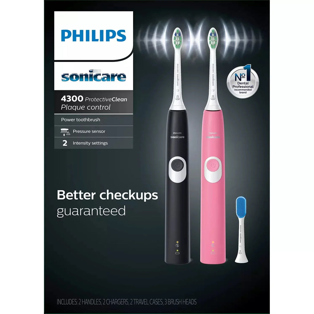 Philips Sizeonicare ProtectiveClean 4300 Rechargeable Toothbrush, 2 pk (Pink, Black)