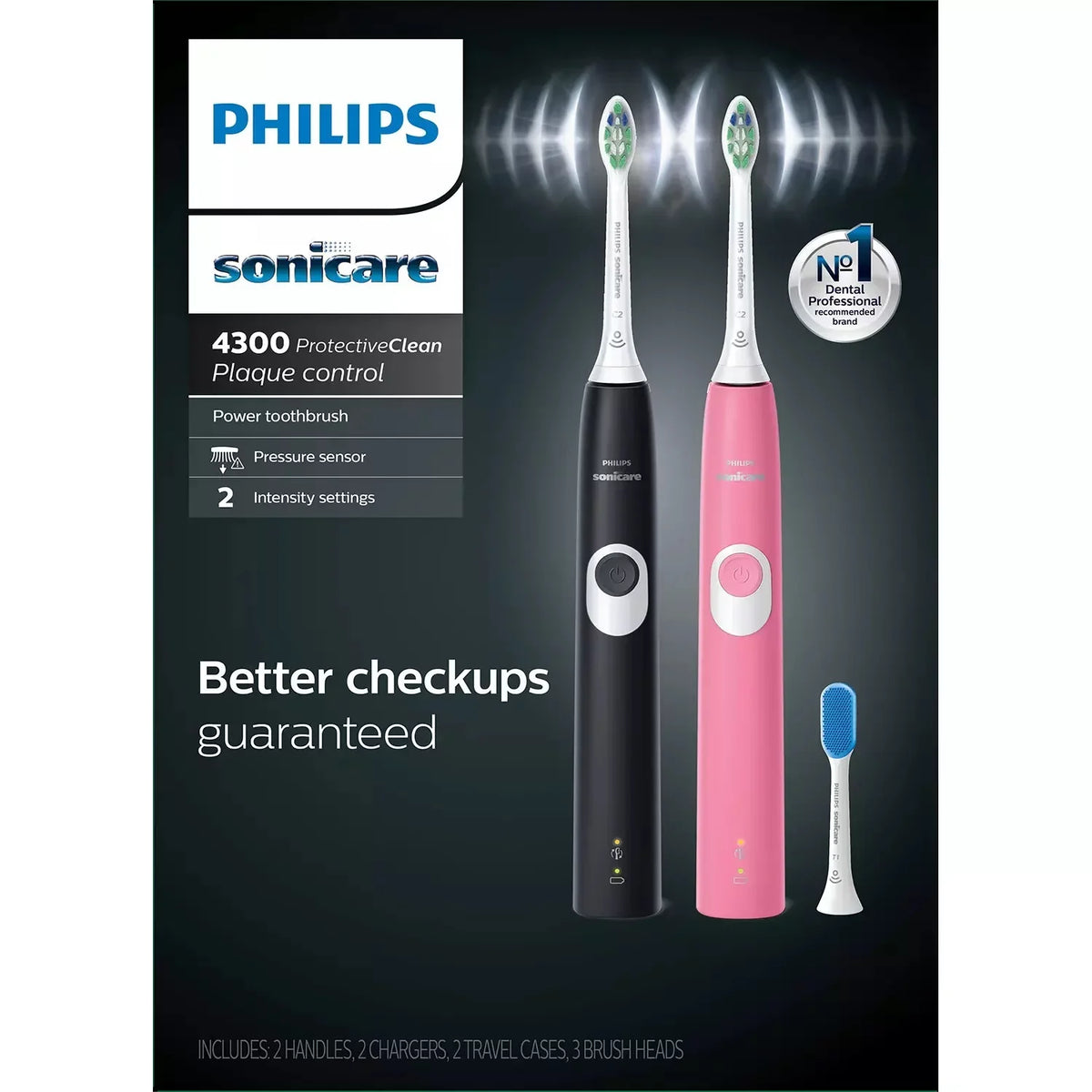 Philips Sizeonicare ProtectiveClean 4300 Rechargeable Toothbrush, 2 pk (Pink, Black)