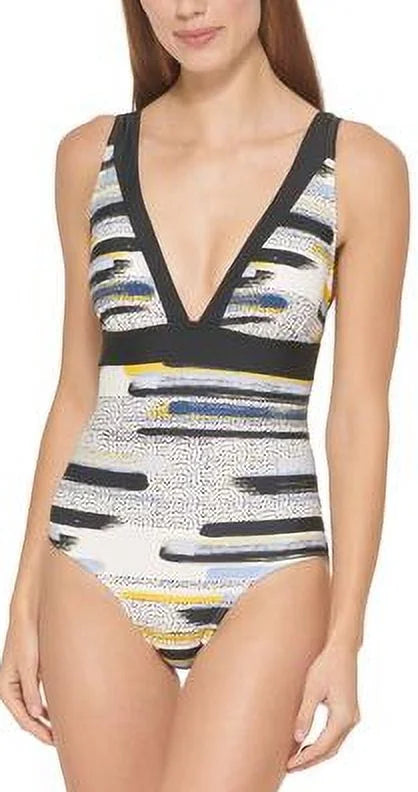 DKNY MULTI Printed Deep-V One-Piece Sizewimsuit, USize 4