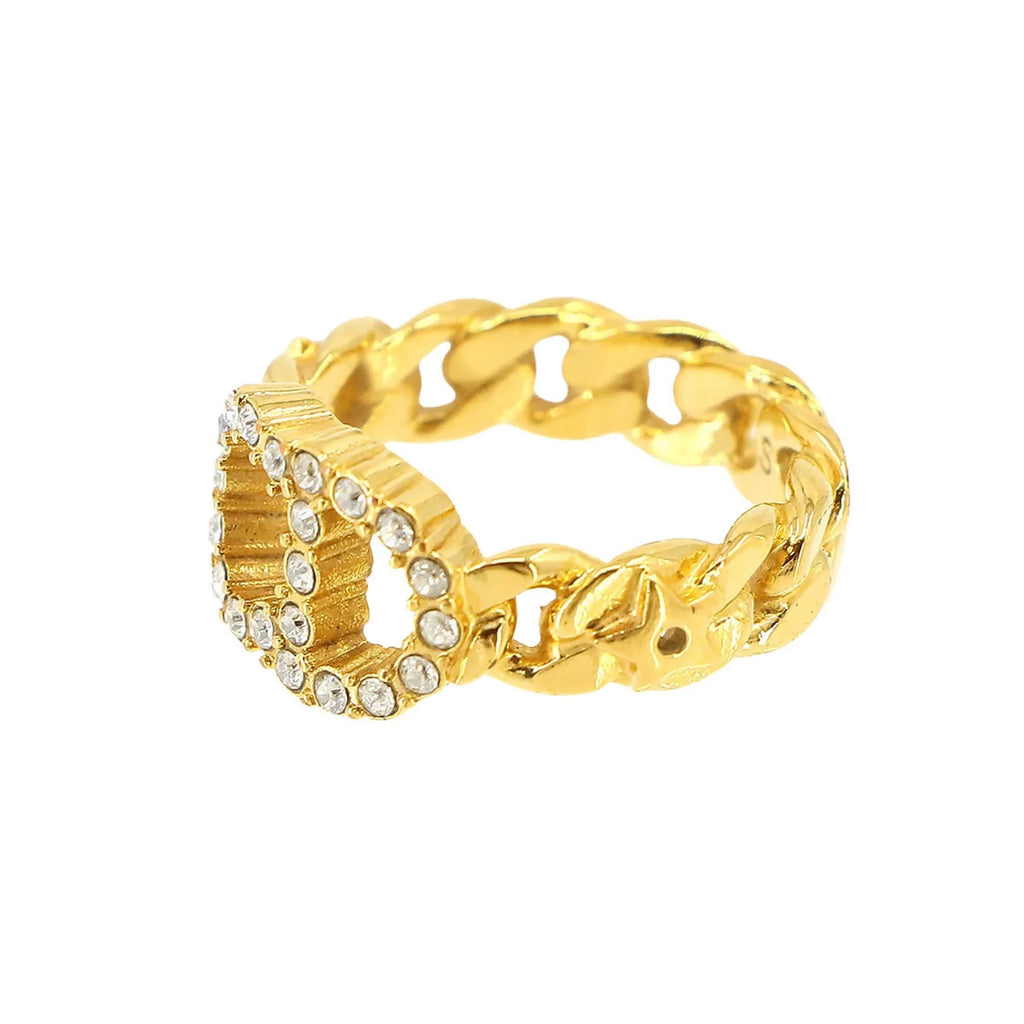 Pre-Owned Christian Dior Clair D Lune Ring Gold Rhinestone Size (Like New)