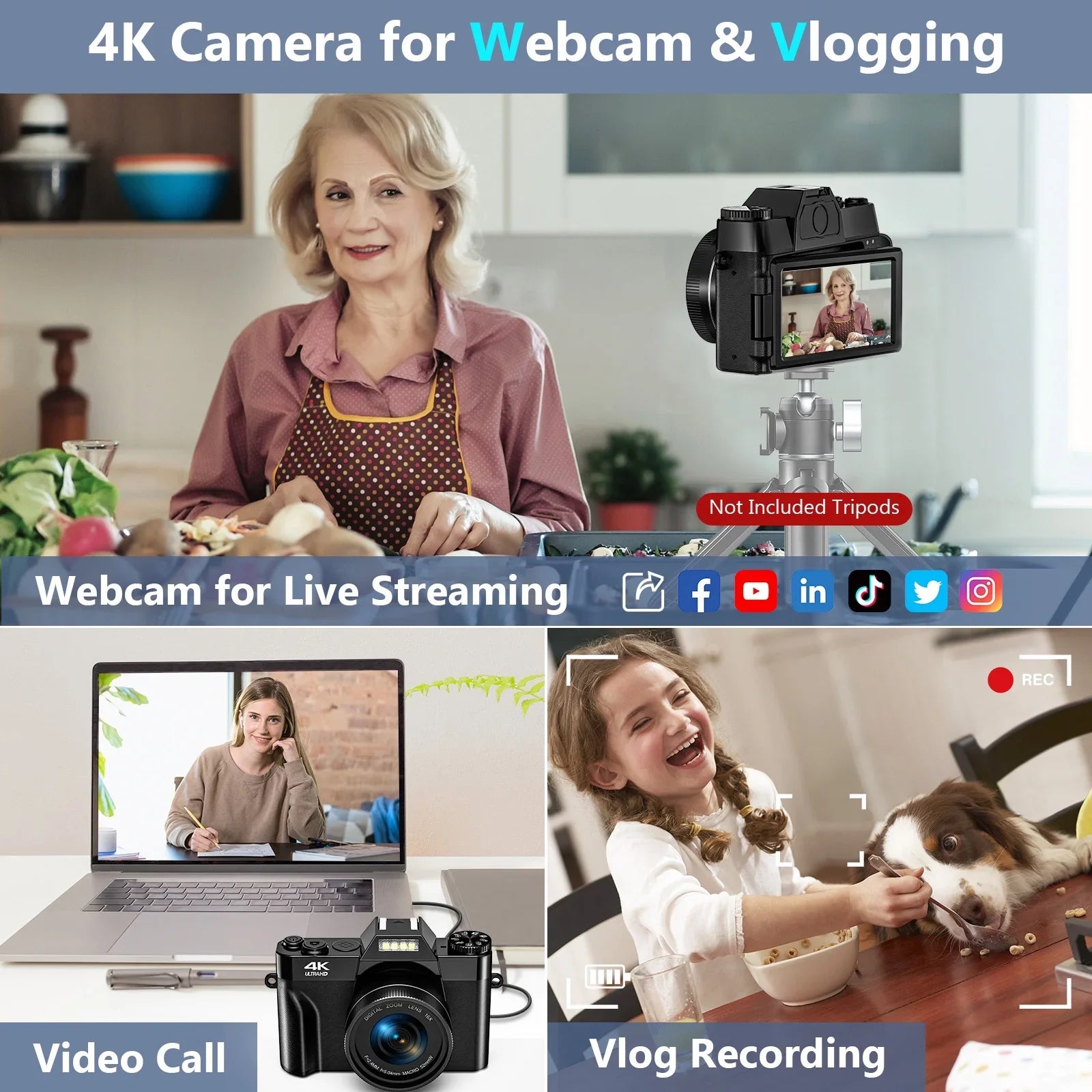 MARVUE Digital Video Camera for Youtube 4K Video Camera 48MP 30FPSize Vlogging Camera Camcorder with 32GB SizeD Card and 2 Batteries