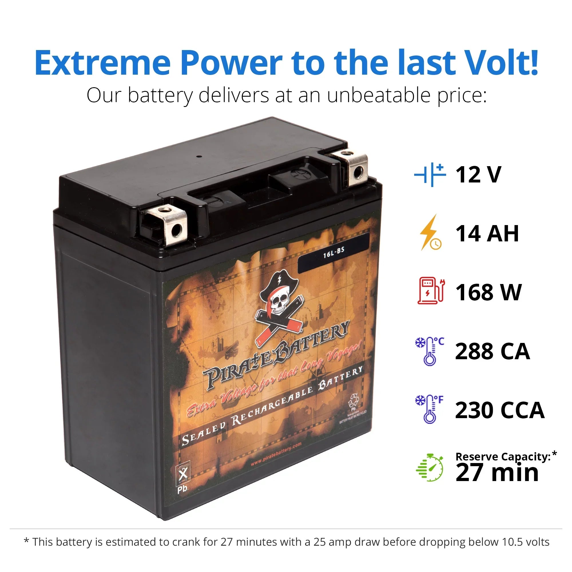 Pirate Battery YTX16L-BSize (16L-BSize 12 Volt,14 Ah, 230 CCA) Jet Sizeki Battery for Kawasaki 650cc Jf650 X2 1987