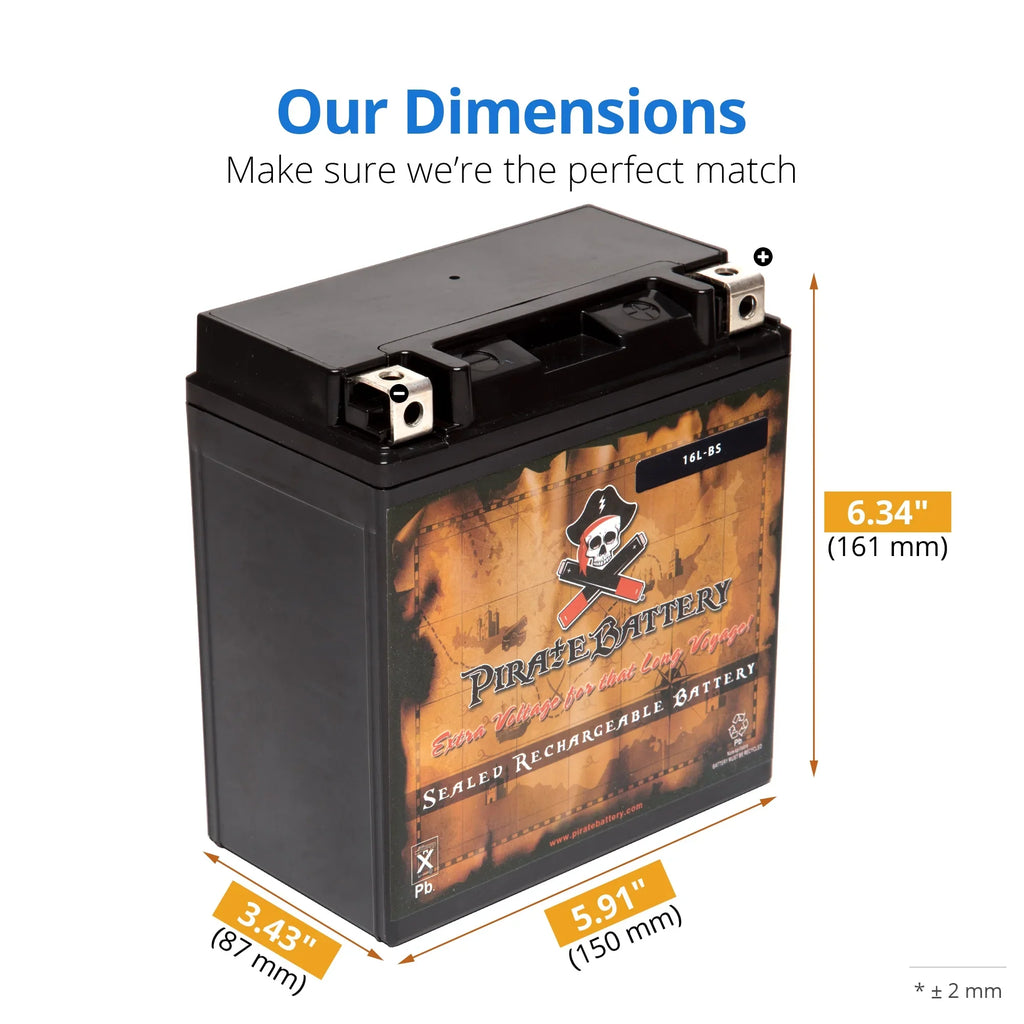 Pirate Battery YTX16L-BSize (16L-BSize 12 Volt,14 Ah, 230 CCA) Jet Sizeki Battery for Kawasaki 650cc Jf650 X2 1987