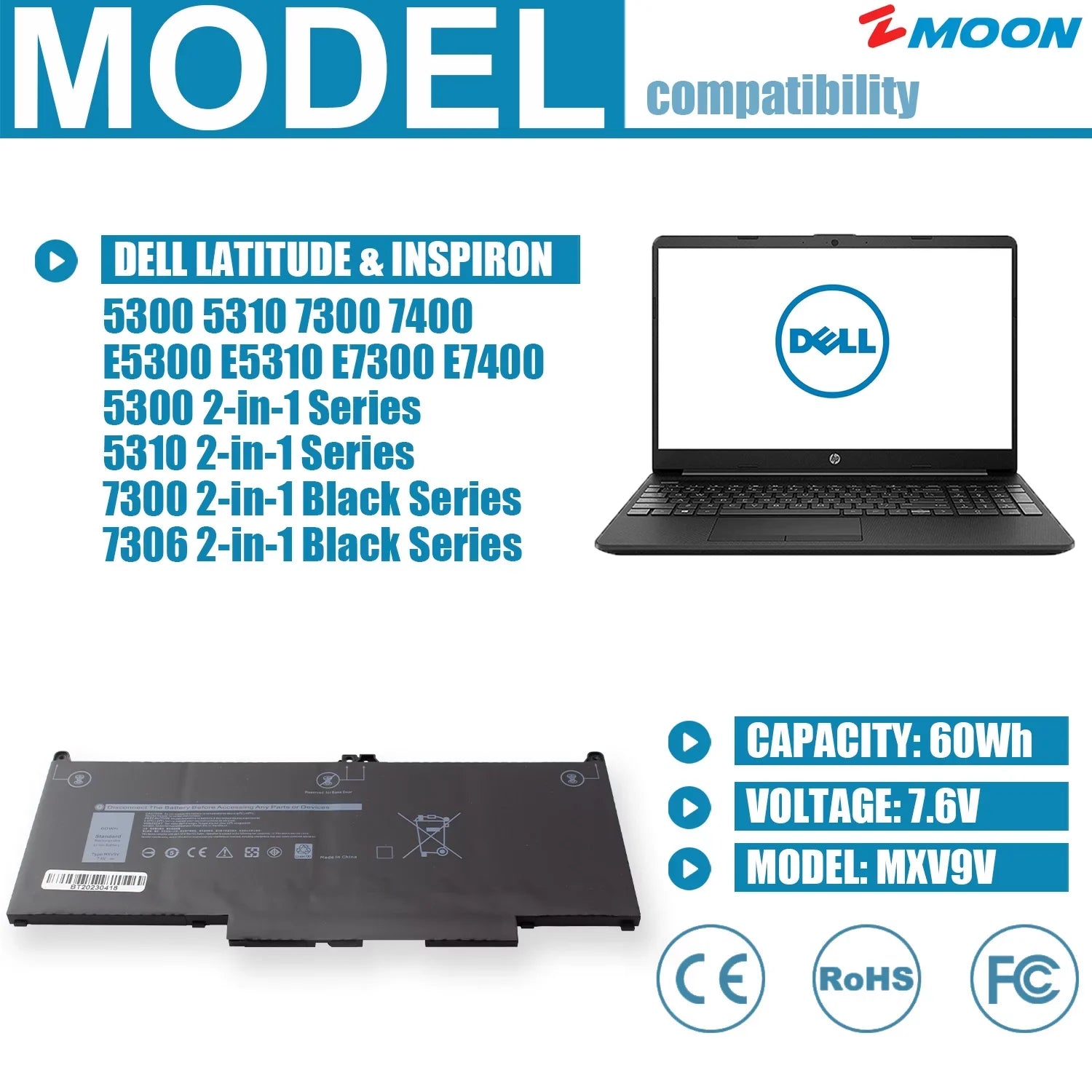 MXV9V Laptop Battery for Dell Latitude 5300 5310 7300 7400 Inspiron 7300 7306 2 in 1 Black, P96G P97G P99G P100G