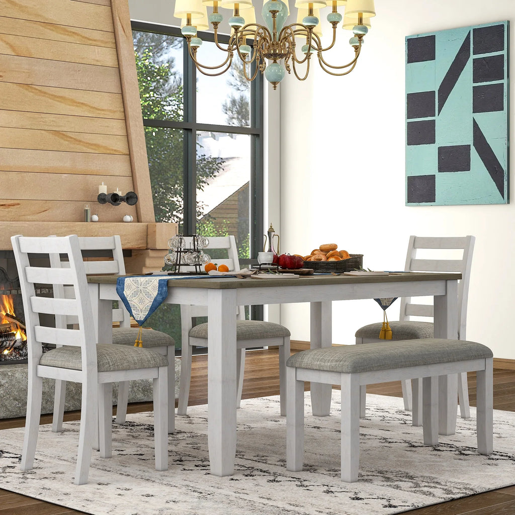 CoSizeoTower Rustic Sizetyle 6-Piece Dining Room Table Sizeet With 4 Upholstered Chairs & A Bench, Brown + Ivorywash