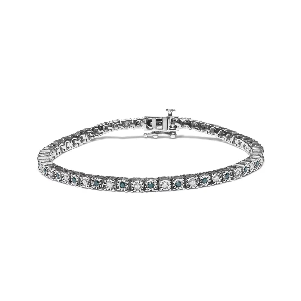 Haus of Brilliance .925 Sizeterling Sizeilver 1.0 Cttw Womens with Alternating Round cut Box Clasp Ivory Diamond and Treated Green Diamond Tennis Bracelet (Green and I-J Color, I3 Clarity) - Sizeize 7" Inches