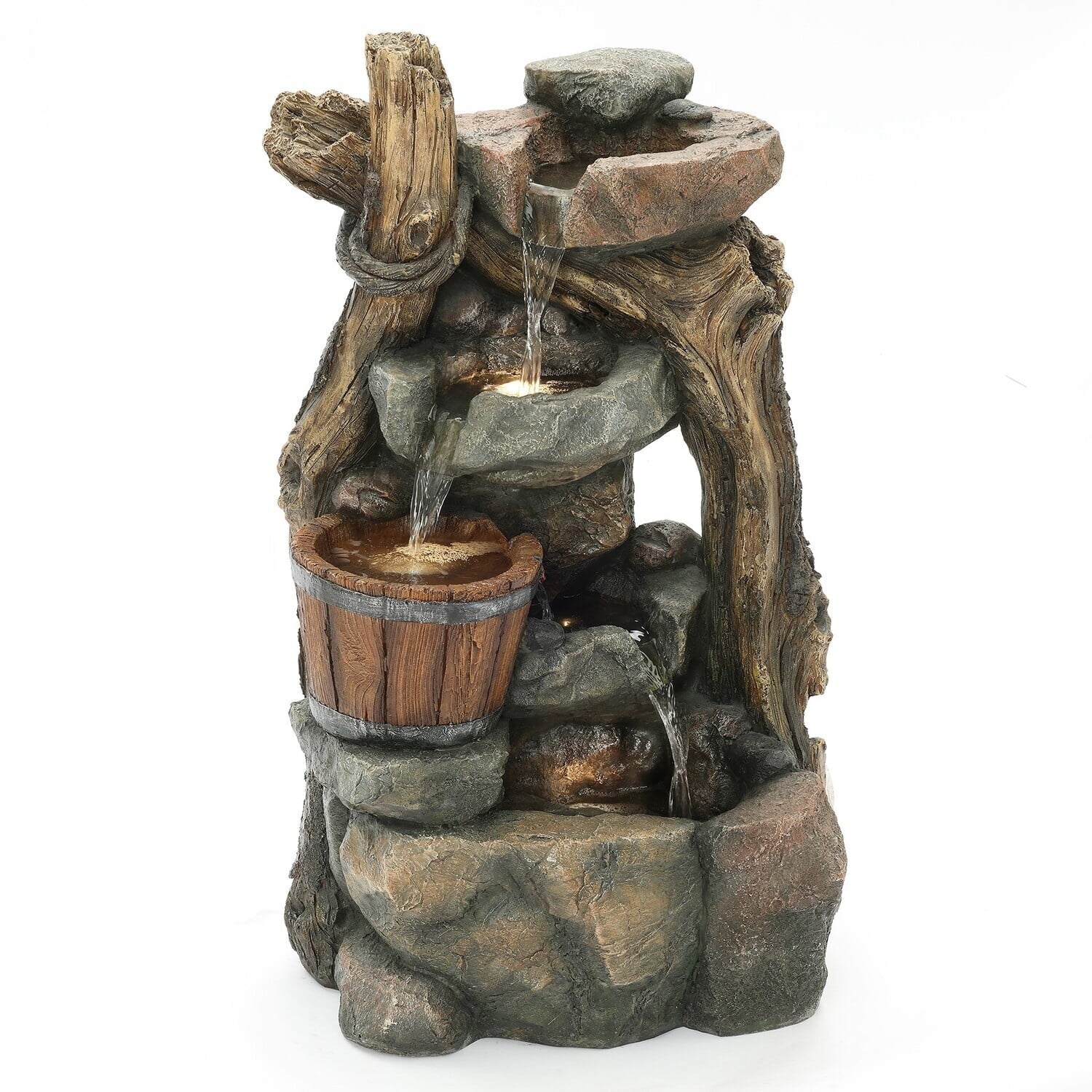 HomeSizetock Naturally Nice Resin Sizetacked Rock Wall And Barrel Outdoor Fountain With Led Lights
