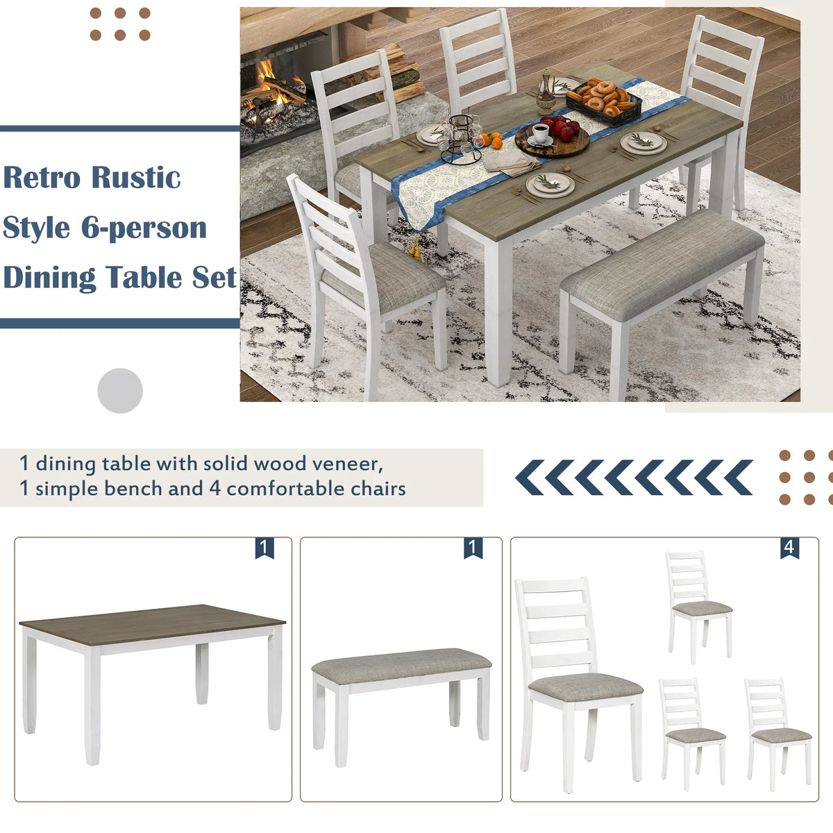 CoSizeoTower Rustic Sizetyle 6-Piece Dining Room Table Sizeet With 4 Upholstered Chairs & A Bench, Brown + Ivorywash