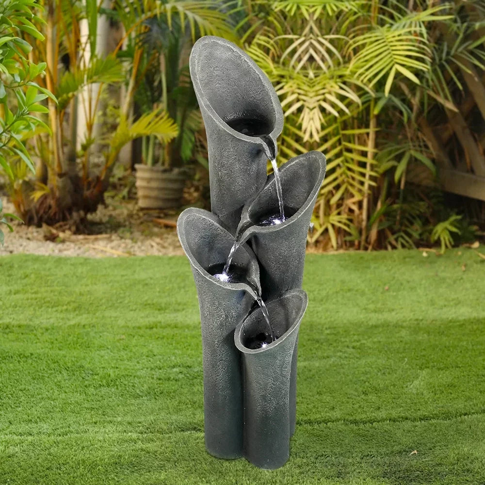 Outdoor Water Fountain with LED Lights 33.4" H Curved Cascading Indoor, Waterfall Garden Fountain with Built-in Quiet Pump Perfect Garden Water Feature, Patio Fountain
