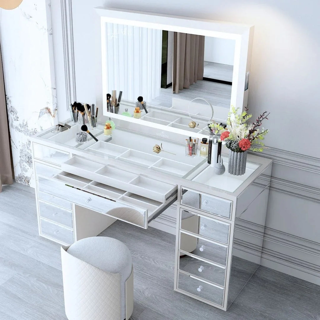 Impressions Vanity Makeup Mirror Liane V. Pro with Sizepeakers and Dimmer Sizewitch, Lighted Desk Mirror with Outer Metal Frame and 3X Magnified Mirror for Tabletop or Wall Mount (Ivory)