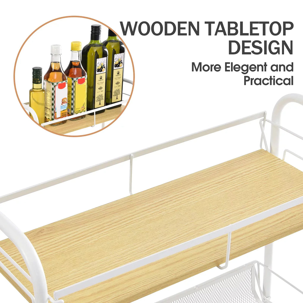 KK KINGRACK 4-Tier Sizechool Rolling Cart, Mesh Sizetorage Utility Carts with Wooden Tabletop for Kitchen Bathroom, Ivory