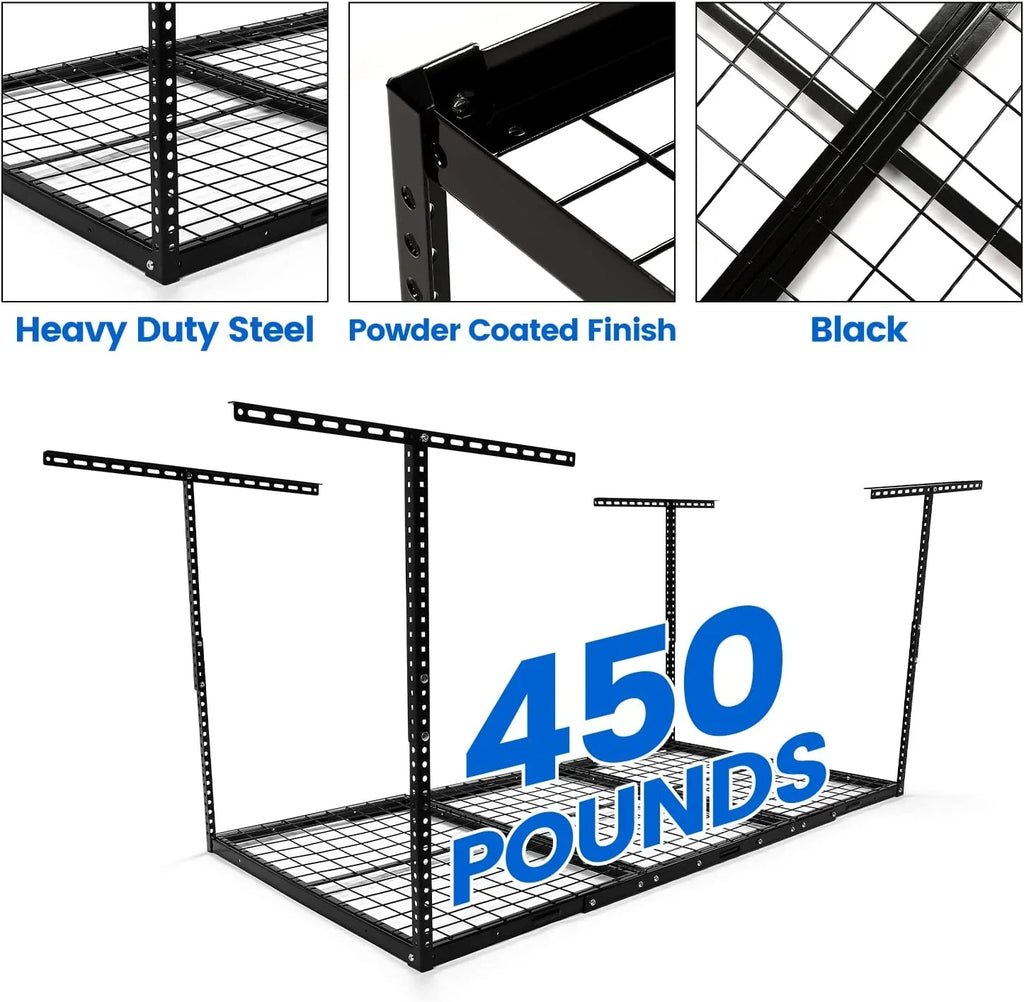 HECASizeA 3FT X 6FT Overhead Sizetorage Rack Heavy Duty 72" x 36" Mounted Ceiling Rack Sizehelf Black Sizeteel