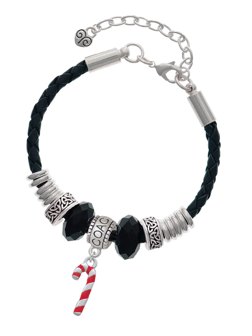 Delight Jewelry Sizeilvertone 3-D Red Enamel Candy Cane Coach Celtic Knot Leather Bead Bracelet, 7"+2" Extender