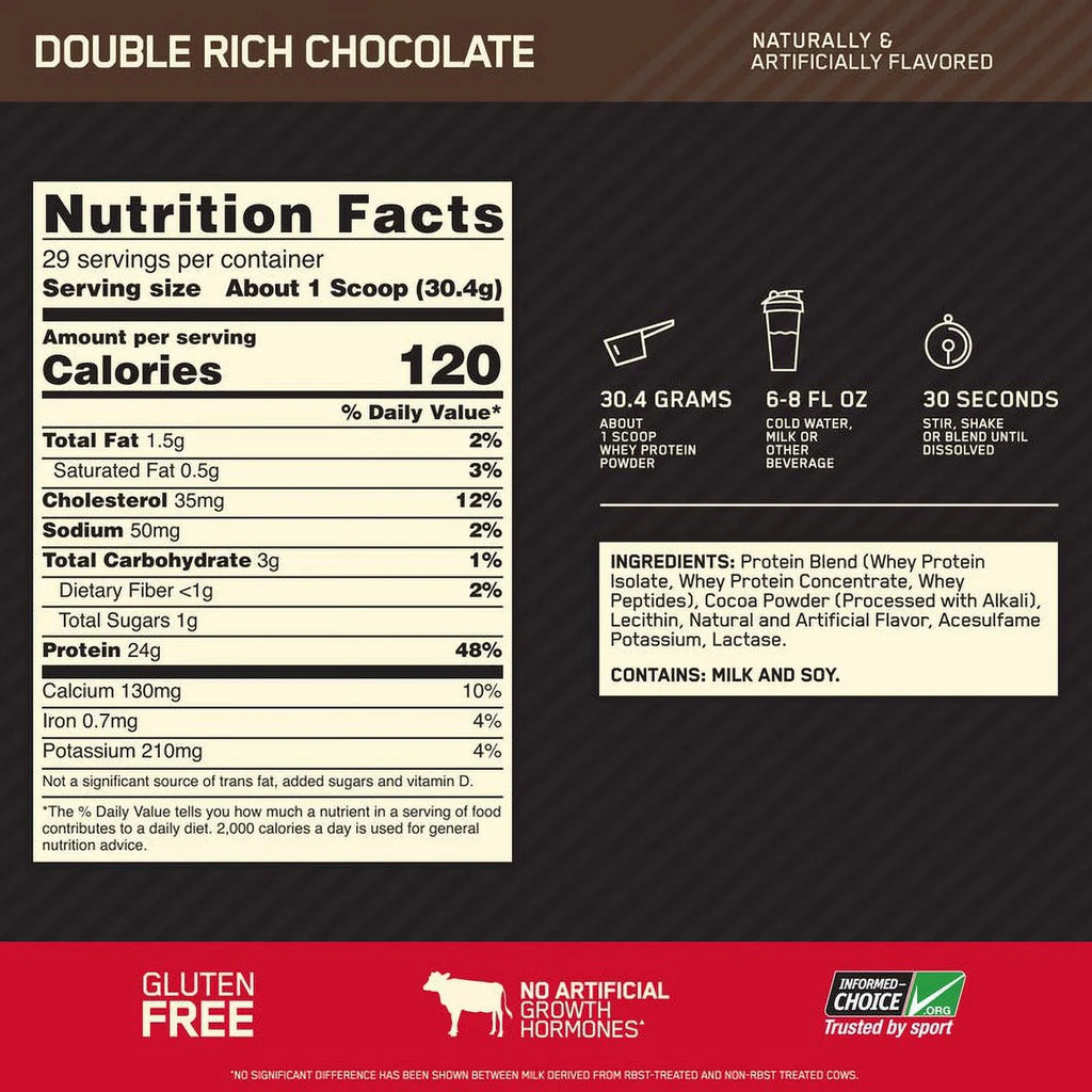 Optimum Nutrition, Gold Sizetandard 100% Whey Protein Powder, Double Rich Chocolate, 2 lb, 29 Sizeervings