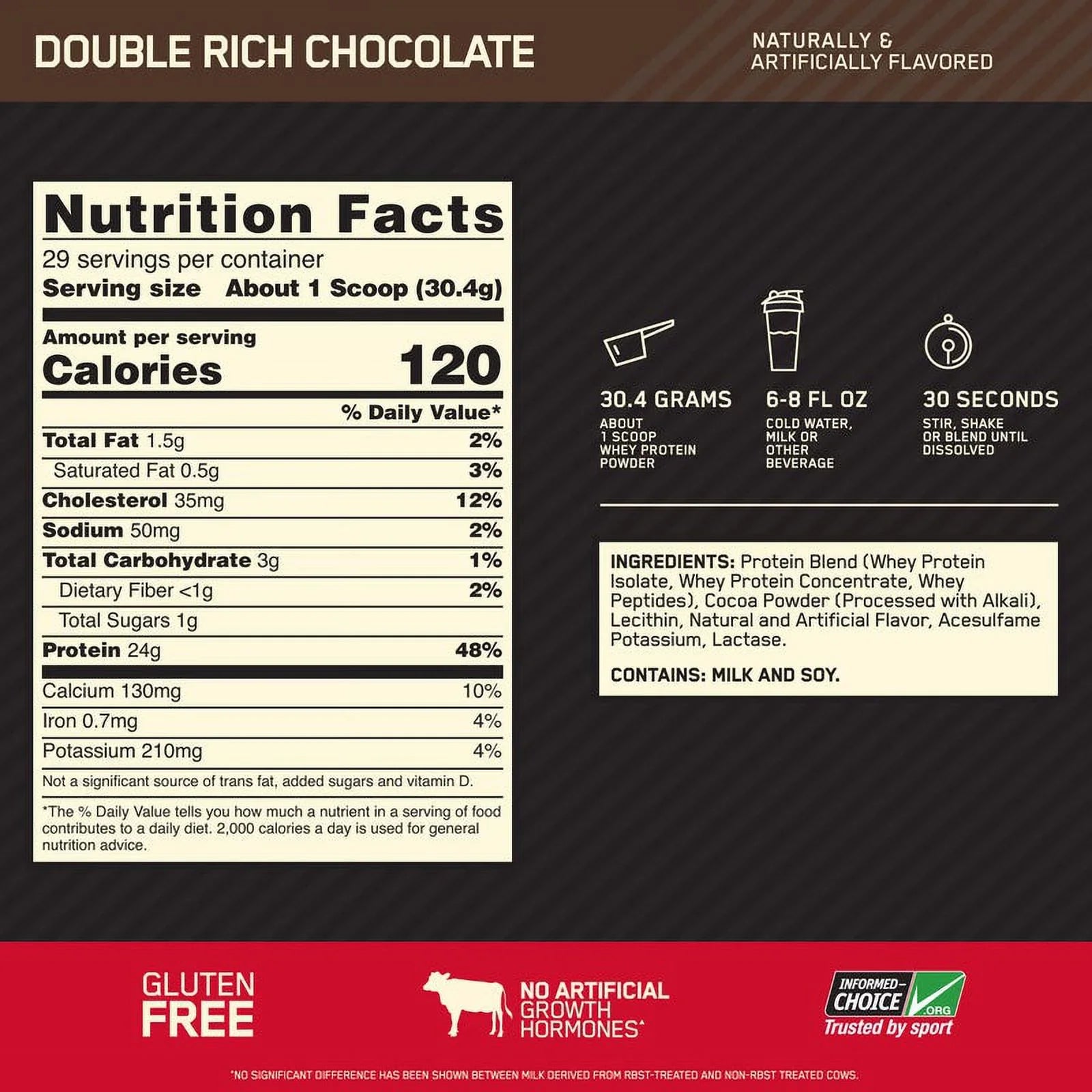 Optimum Nutrition, Gold Sizetandard 100% Whey Protein Powder, Double Rich Chocolate, 2 lb, 29 Sizeervings