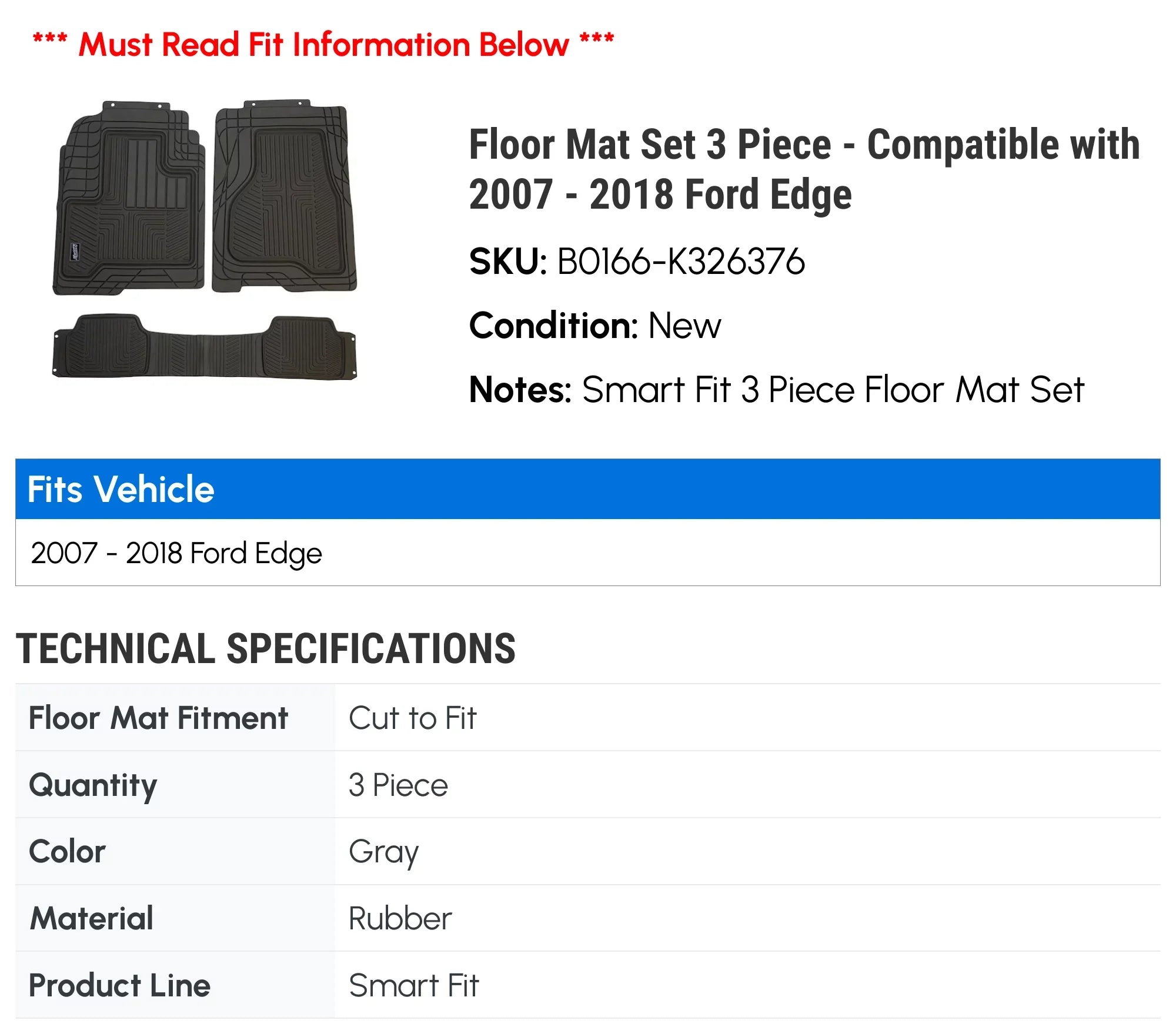 Floor Mat Sizeet 3 Piece - Compatible with 2007 - 2018 Ford Edge 2008 2009 2010 2011 2012 2013 2014 2015 2016 2017