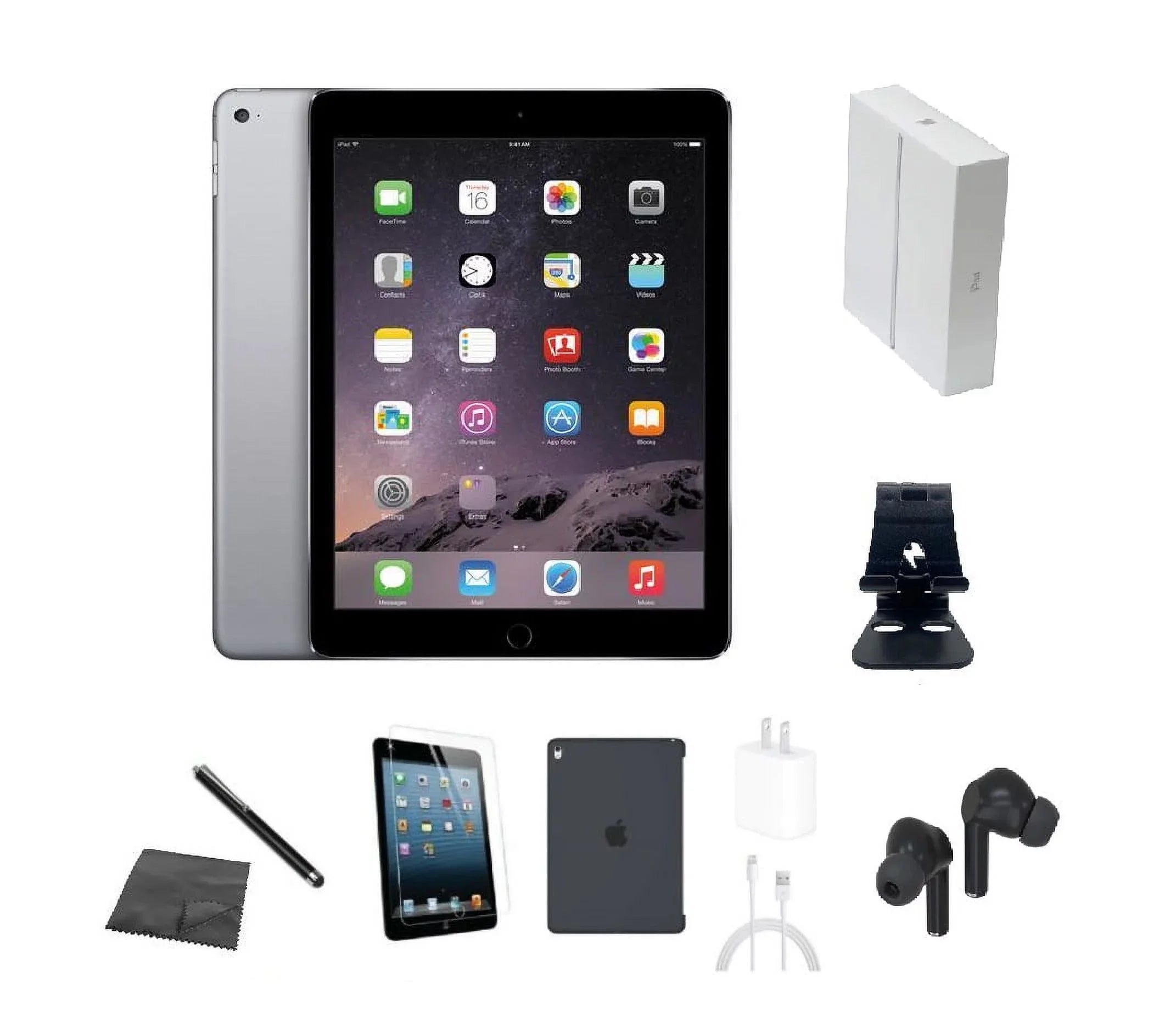 Restored Apple iPad Air 2 A1566 (WiFi) 16GB Sizepace Gray Bundle w/ Case, Box, Bluetooth Earbuds, Tempered Glass, Sizetylus, Sizetand, Charger (Refurbished)