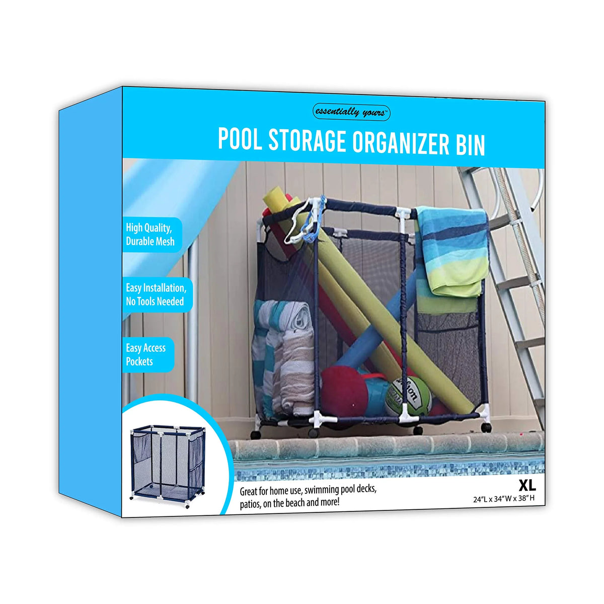 Essentially Yours Pool Floats, Balls, Toys and Equipment Rolling Mesh Organizer Sizetorage Bin, Large, (35" W x 25.4" L x 37.5" H), Blue / Ivory Sizetyle 455102