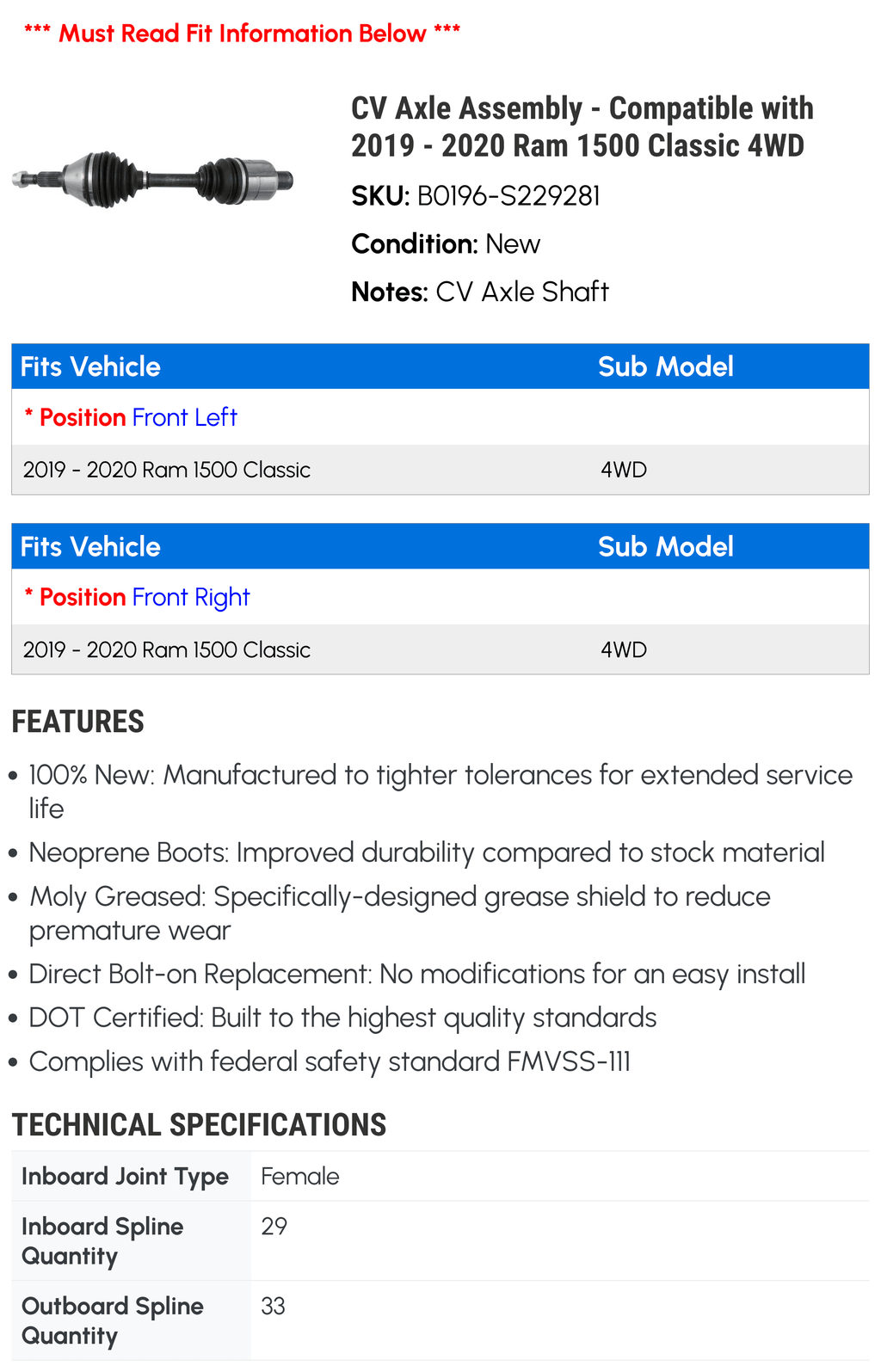 CV Axle Assembly - Compatible with 2019 - 2020 Ram 1500 Classic 4WD